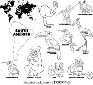 Dibujo educativo en blanco y negro de personajes de especies animales sudamericanas y mapa del mundo con formas continentales página de color