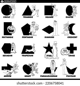 Black and white educational cartoon illustration of geometric shapes with captions and funny Halloween characters for preschool and elementary age children