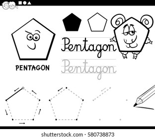 Black and White Educational Cartoon Illustration of Pentagon Basic Geometric Shape for Children Coloring Page