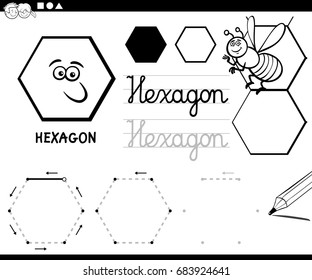 Black and White Educational Cartoon Vector Illustration of Hexagon Basic Geometric Shape for Children Coloring Page