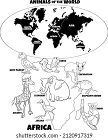 Black and white educational illustration with cartoon African animal species and world map with continents shapes coloring book page