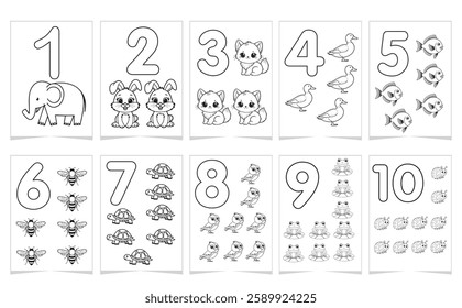 Black and white educational number posters for kids with cute animals. Printable coloring pages for learning numbers 1-10. Perfect for preschool and kindergarten activities
