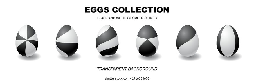 Black and white eggs collection with 3d realistic style geometric lines isolated on a transparent white background