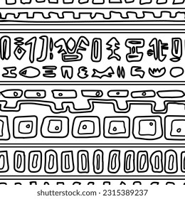 Borde egipcio blanco negro, vector tribal abstracto repetir patrón transparente, efecto de tinta. La ilustración contiene rectángulos, elementos de bandeja dibujados a mano, formas, geometría