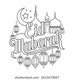A black and white eid mubarak icon coloring page