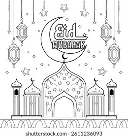 A black and white eid mubarak logo illustration line art of a coloring page