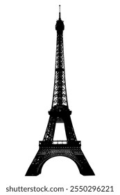 Black and white Eiffel Tower silhouette vector. Outline shape of Eiffel Tower in Paris, France.