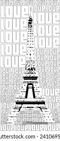  black white Eiffel Tower as a sketch and hearts and 'love' is this article along with the printed pattern vector illustration. graphic and fashion design for a romantic.