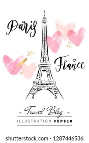 Black and white Eiffel Tower urban sketch with pink hearts romantic background for female travel blog instagram story.