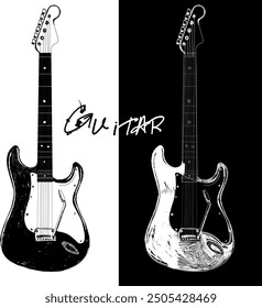 El diseño blanco y negro de la guitarra eléctrica es arte musical. Ilustración vectorial para el Anuncio, cartel, tarjeta de visita. Estilo dibujado a mano