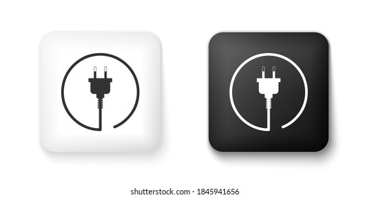 Schwarz-Weiß-Elektro-Plug-Symbol einzeln auf weißem Hintergrund. Konzept des Anschlusses und des Abbaus des Stroms. Knopf Quadrat. Vektorgrafik.