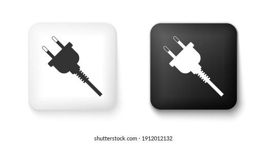 Icono de enchufe eléctrico blanco y negro aislado en fondo blanco. Concepto de conexión y desconexión de la electricidad. Botón cuadrado. Vector.