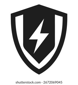 Black and white electric shield vector icon on white background.