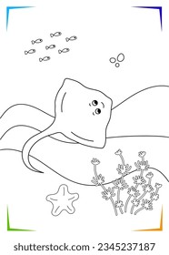 Black and white electric Stingray, starfish, seaweed Coloring page. Marine underwater inhabitants vector illustration. Printable for kids. Worksheet for children. Coloring book Black outlines sea life