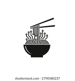 Black and white electronic circuit-inspired chopsticks and bowl icon