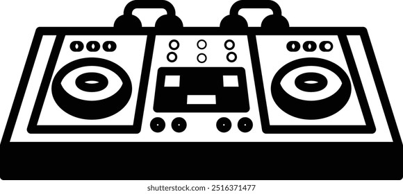 A black and white electronic device with buttons and a screen. It is a DJ controller. The controller is colorful and has a cartoonish appearance