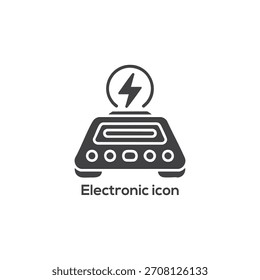 Schwarz-weißes elektronisches Icon eines Netzteils mit einem Blitzsymbol für Technologie- und Energieladung