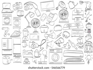 Black and white electronic products. Isolated drawing household products. Doodle Home appliance