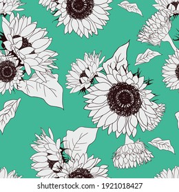 Schwarz-Weiß-elegante Sonnenblumen auf minzem Hintergrund, nahtloser Musterdruck