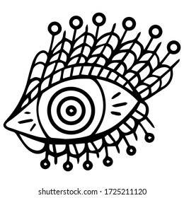 Black and white elegant all-seeing eye, hand-drawn in the style of boho with a spiral in the pupil, symbolizing the vital creative force and a decorative lace flange for centuries. Vector.