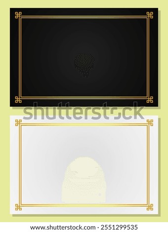 Black and white elegant blank card with gold frame. Gold-trimmed blank cards. Pages with golden borders. Blank covers with gold trim. Brochure template layout.