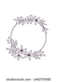 Black and white elegant leaves and flowers and berries circle frame, vector background