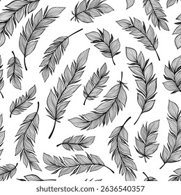 Black and White Elegant Line Art Feathers, Fluffy Elegant Hand Drawn Large Scale Feathers Vector Seamless Pattern for Wallpapers and Textile Designs