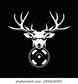 black and white elegant logo of a deer head with big horns biting a barbell plate, can be used for logos of fitness clubs, gyms, workout shirts etc.