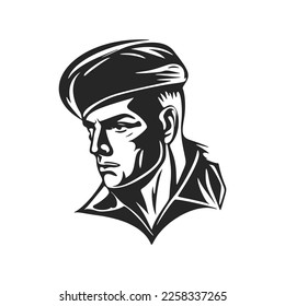 Black and white elegant logo depicting a military man.