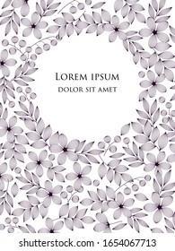 Black and white elegant striped lush  leaves, flowers and berries with veins, circle frame for a greeting card, invitation, book cover, vector background template