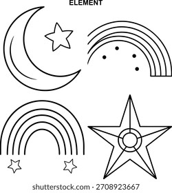 Black and white elements of a crescent moon star and rainbow