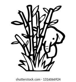 black and white elephant behind bamboo cartoon object, vector doodle art