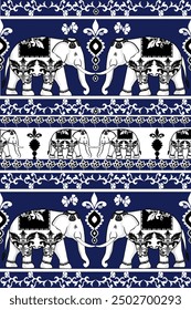 Black and white elephant with blue classic damask pattern: vector illustration for elegant textile design, carpet, curtains, and clothing.