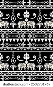 Black and white elephant classic damask pattern: vector illustration for elegant textile design, carpet, curtains, and clothing.