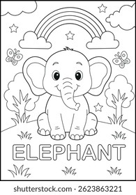 Black and White Elephant Coloring Page for Kids – Fun and Educational Animal Printable Worksheet with Name for Preschool and Kindergarten
