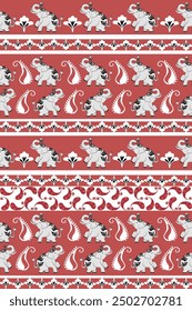 Black and white elephant with red classic damask pattern: vector illustration for elegant textile design, carpet, curtains, and clothing.