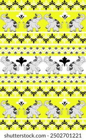 Black and white elephant with yellow classic damask pattern: vector illustration for elegant textile design, carpet, curtains, and clothing.