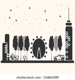 black and white elevation of a street in a city with conference fair, starry night.