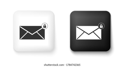 Icono de contraseña de bloqueo de mensajes de correo electrónico en blanco y negro aislado en fondo blanco. Sobre con candado. Correo privado y seguridad, seguridad, protección, privacidad. Botón cuadrado. Vector.