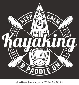 Black and white emblem design, featuring a kayak, paddles, and a mountain for nature and outdoor sports enthusiasts.