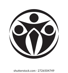 Um emblema preto e branco com uma forma geométrica central com três pontos dispostos em uma formação triangular em torno dele, todos fechados dentro de uma borda circular.