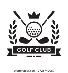 A black and white emblem featuring golf clubs a crown and laurel wreaths