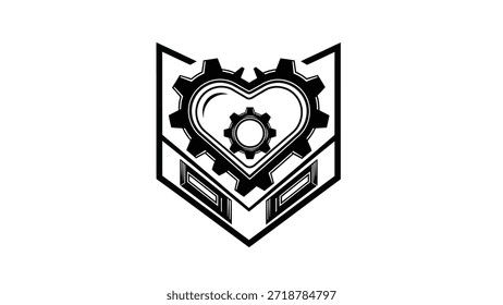 Un emblema en blanco y negro con forma de corazón integrado con engranajes, que simboliza la fusión del amor y la ingeniería mecánica.