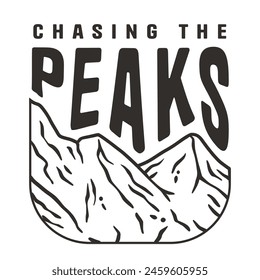 Black and white emblem featuring line art of mountain peaks of outdoor adventure and wilderness exploration.
