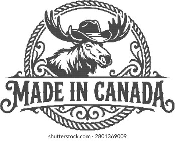 A black and white emblem featuring a moose wearing a cowboy hat inside a rope circle, with the text Made In Canada on a white background.