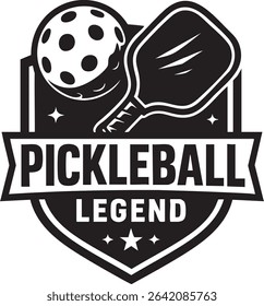 A black and white emblem featuring a pickleball paddle and ball, with the text "Pickleball Legend".