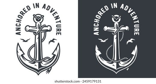 Black and white emblem featuring a prominent anchor, intertwined with a rope and the phrase anchored in adventure, symbolizing sea exploration and ocean-inspired journeys.