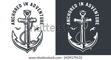 Black and white emblem featuring a prominent anchor, intertwined with a rope and the phrase anchored in adventure, symbolizing sea exploration and ocean-inspired journeys.