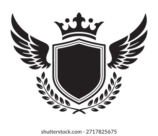 Un emblema en blanco y negro con un escudo con una corona en la parte superior y alas a cada lado, rodeado por una corona de laurel sobre un fondo blanco