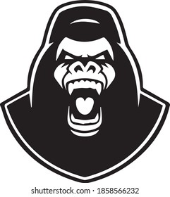 Black and white emblem of a gorilla on the white background.